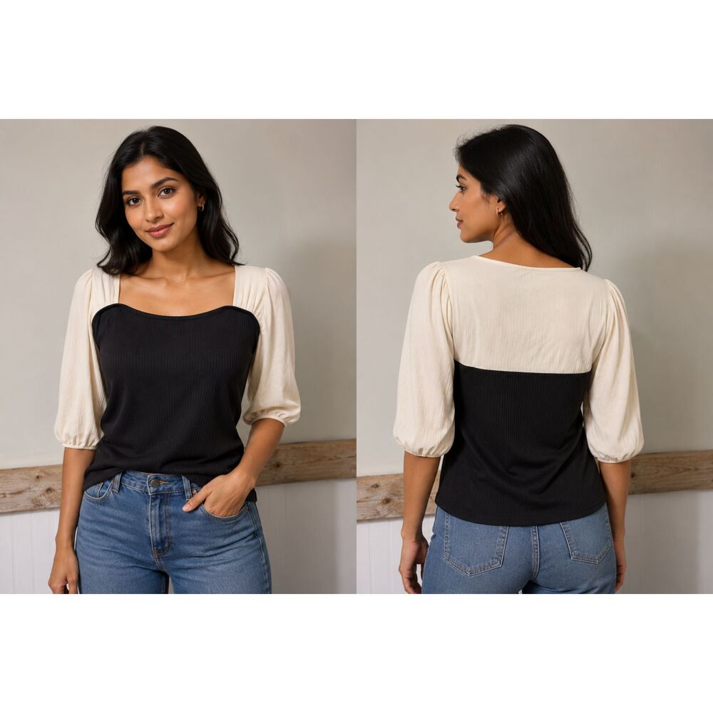 DAZY Black Cream Ribbed Knit Top Sheer Puff Sleeves Women’s XL